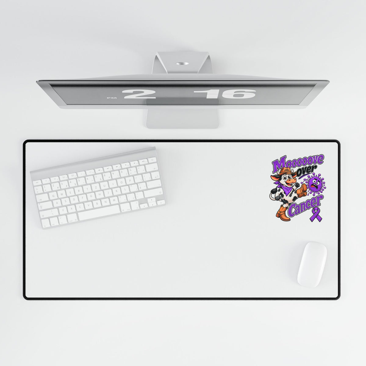 Moooove Over Cancer desk mat with keyboard and mouse, Pancreatic Cancer awareness ribbon design
