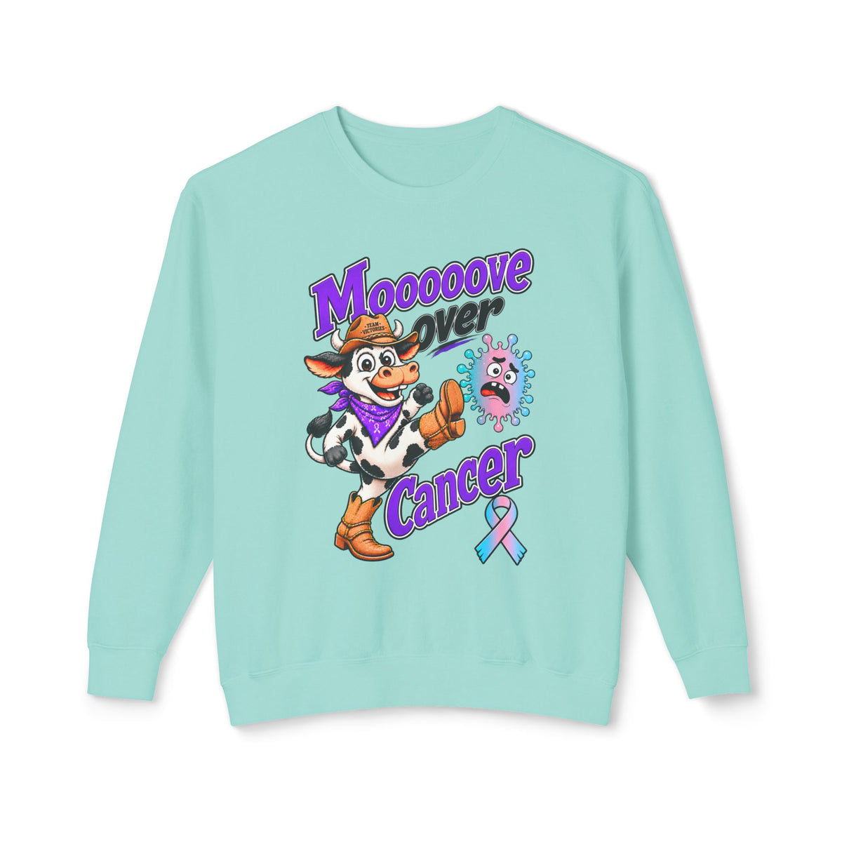 Moooove Over Cancer mint sweatshirt with cow artwork and Thyroid Cancer awareness ribbon