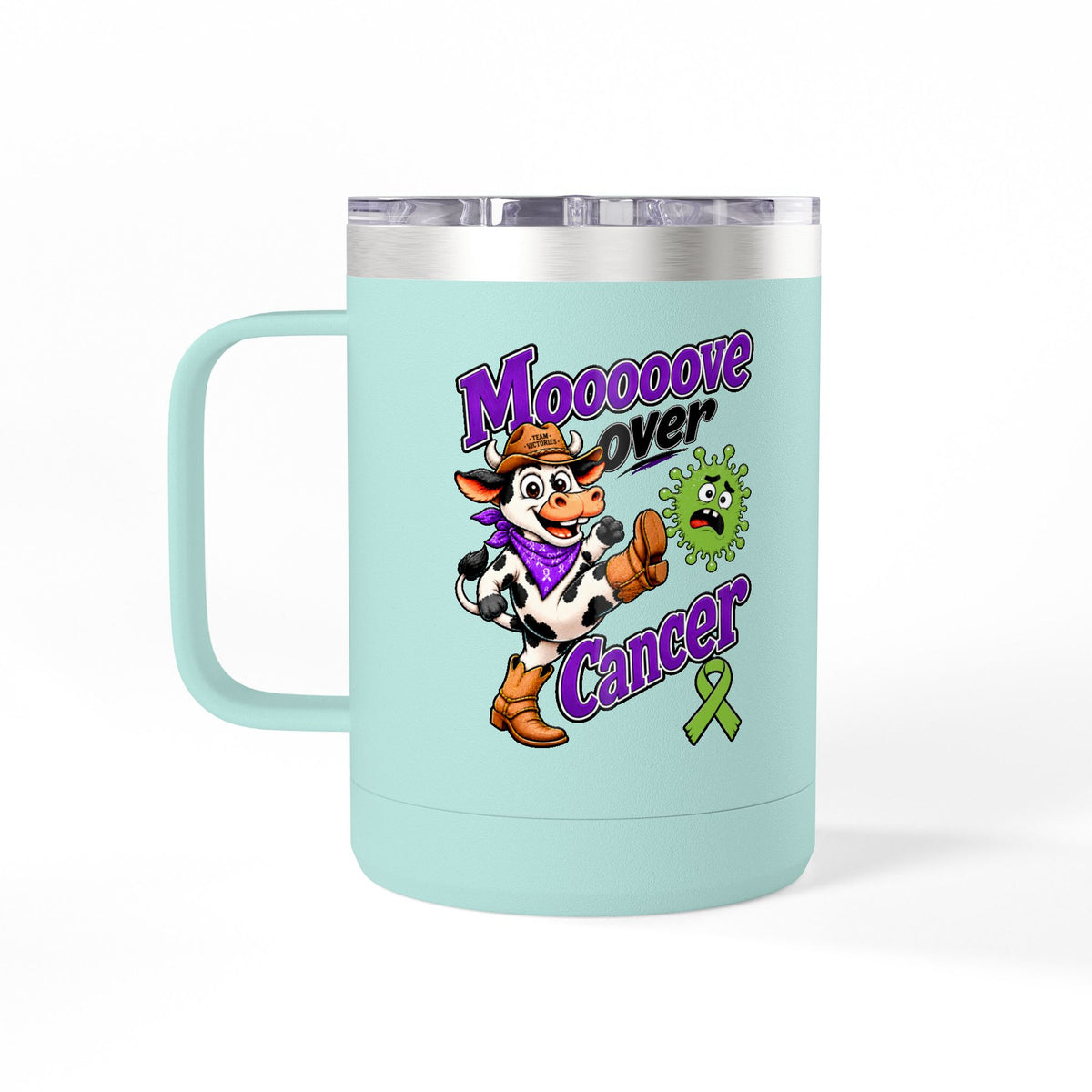Aqua Moooove Over Cancer mug with Non-Hodgkin/Lymphoma Cancer awareness ribbon