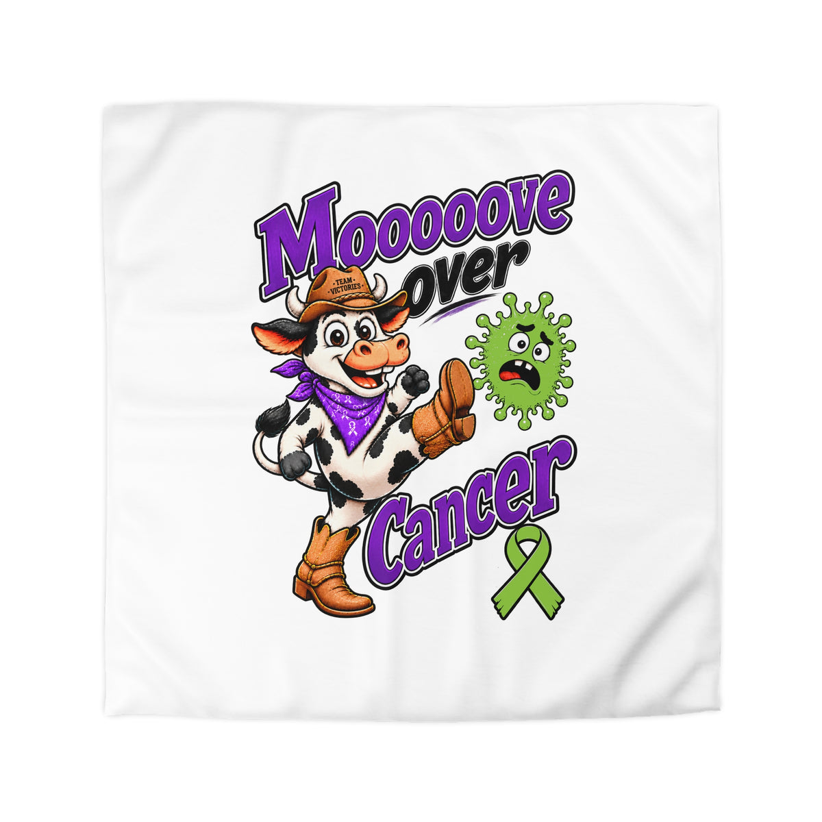 Flat view of Moooove Over Cancer duvet cover with Non-Hodgkin/Lymphoma Cancer awareness ribbon
