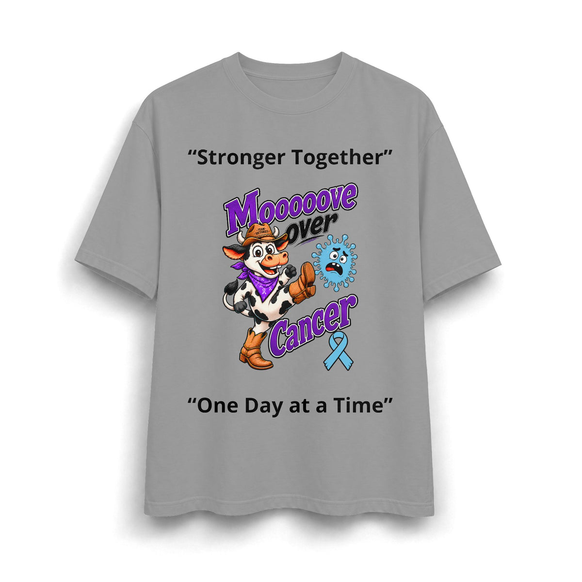 Moooove Over Cancer gray heavyweight T-shirt with cow artwork and blue awareness ribbon