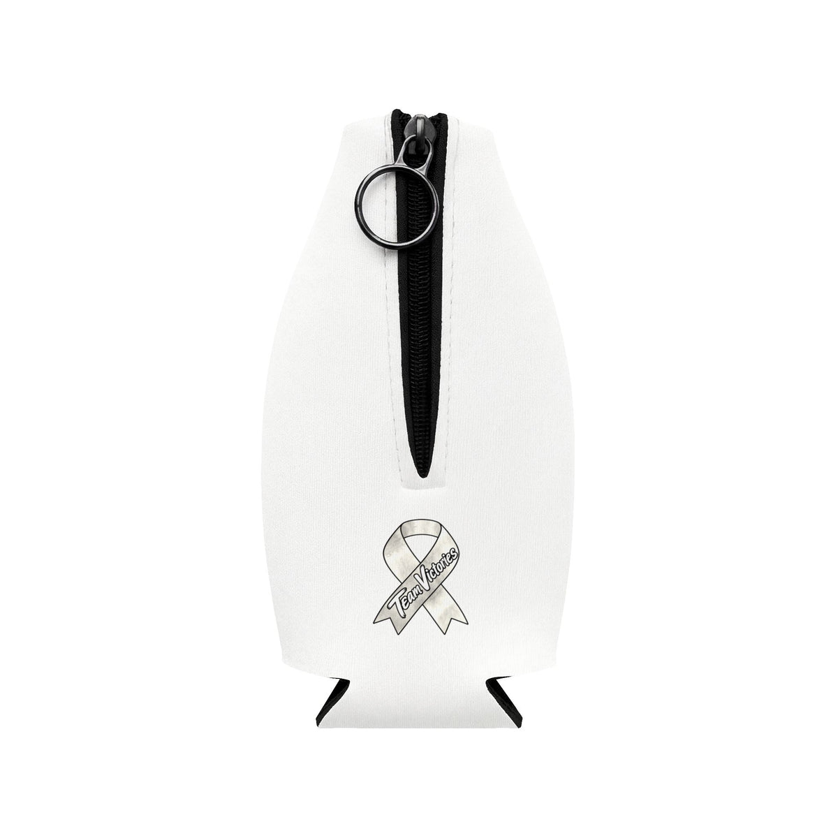 Back of Moooove Over Cancer bottle cooler sleeve with zipper and Lung Cancer awareness ribbon