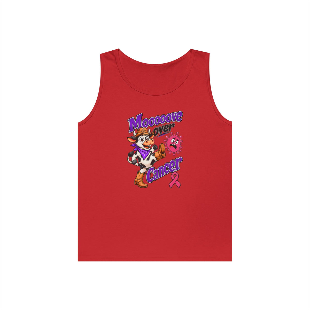 Red Moooove Over Cancer tank top with western character and Breast Cancer awareness ribbon
