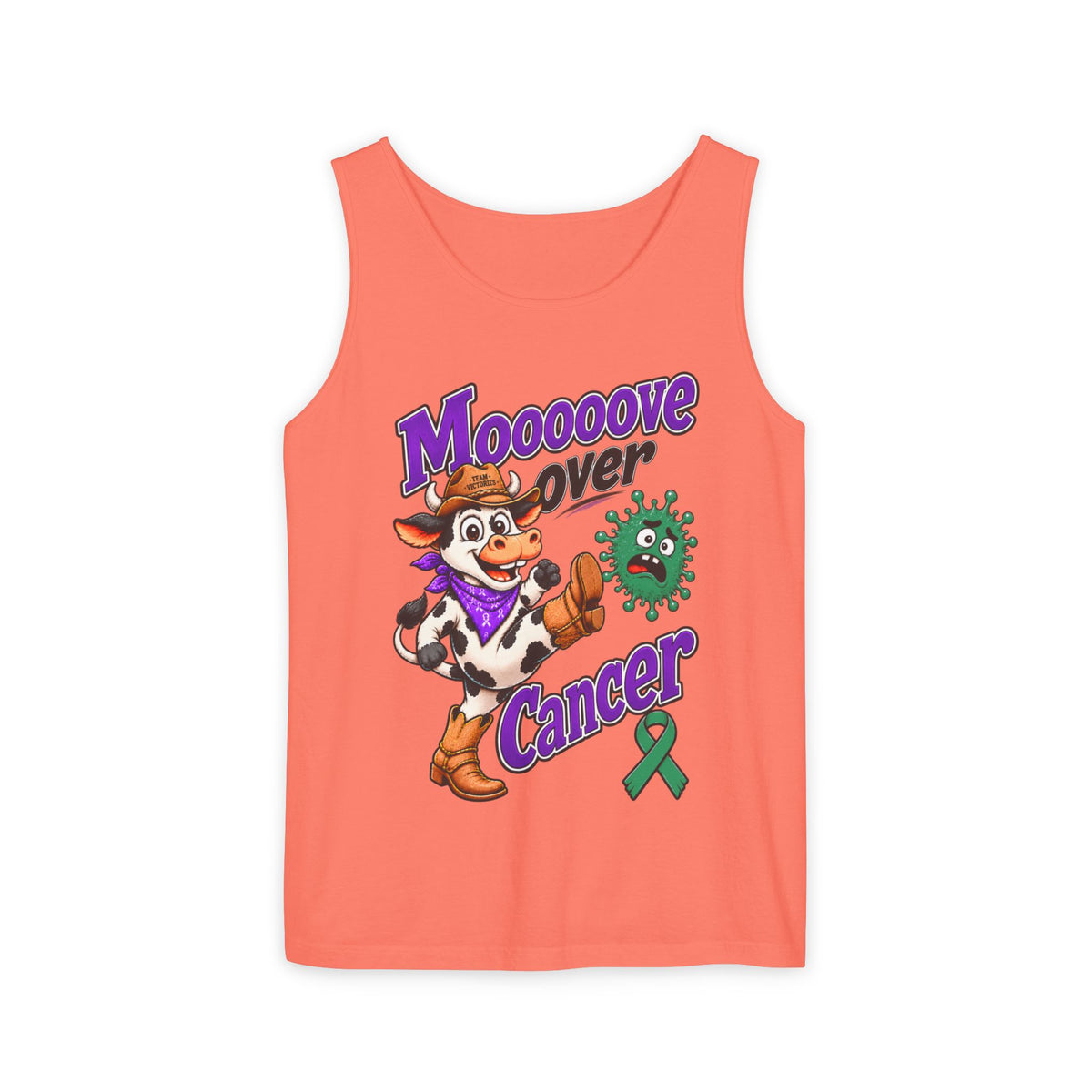 Bright coral Moooove Over Cancer tank top with cow artwork and Liver Cancer awareness ribbon