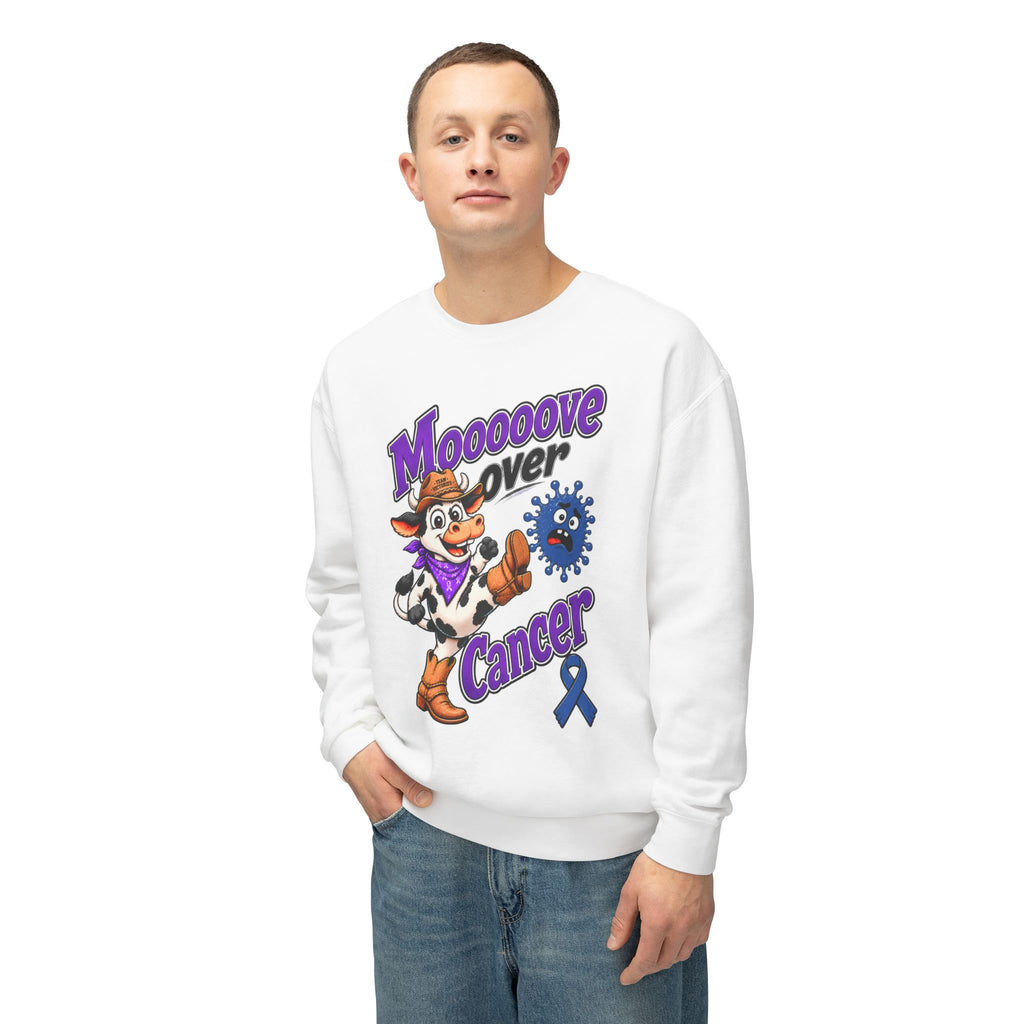 Side view of Moooove Over Cancer sweatshirt showing the front cow artwork and ribbon