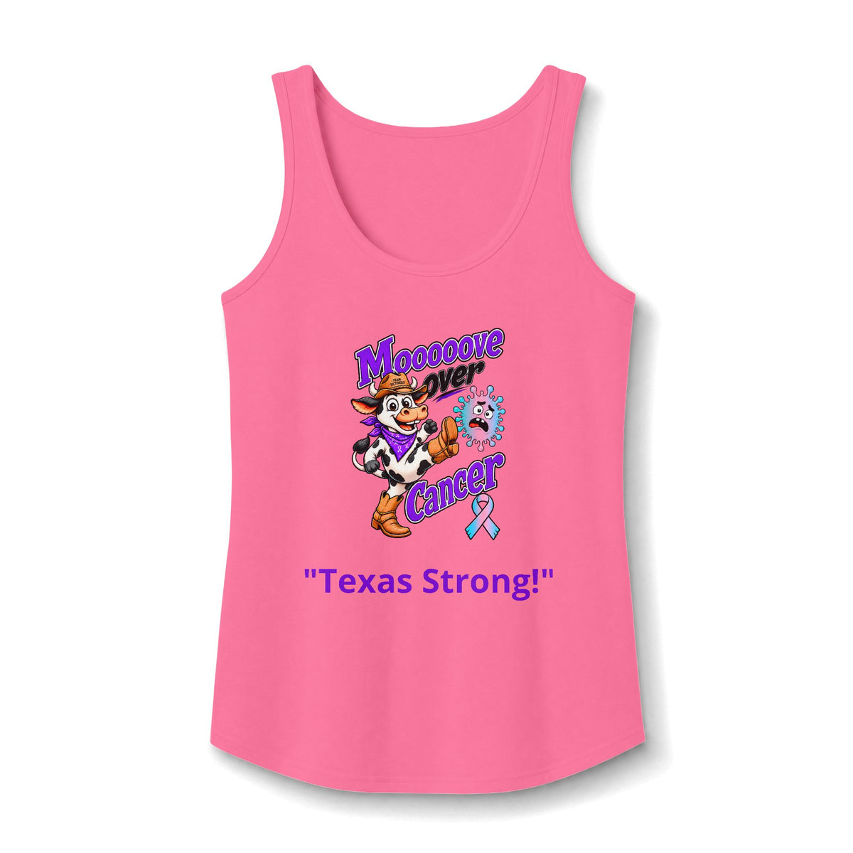 Moooove Over Cancer Texas Strong tank top with Thyroid Cancer awareness ribbon, pink