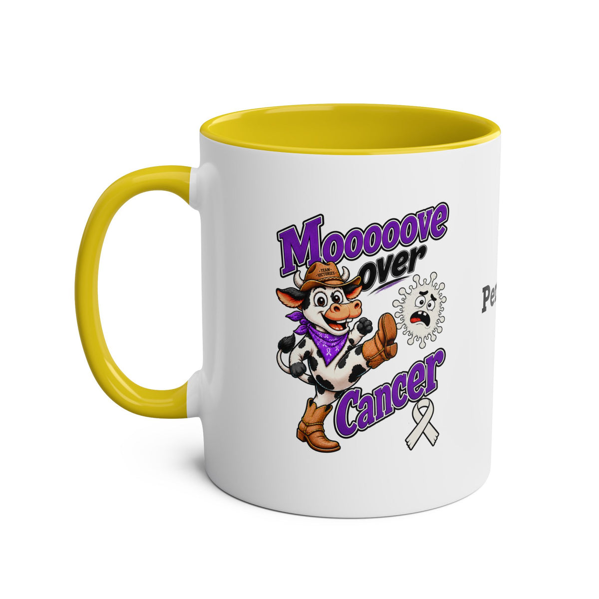 Moooove Over Cancer two-tone mug with yellow interior and handle