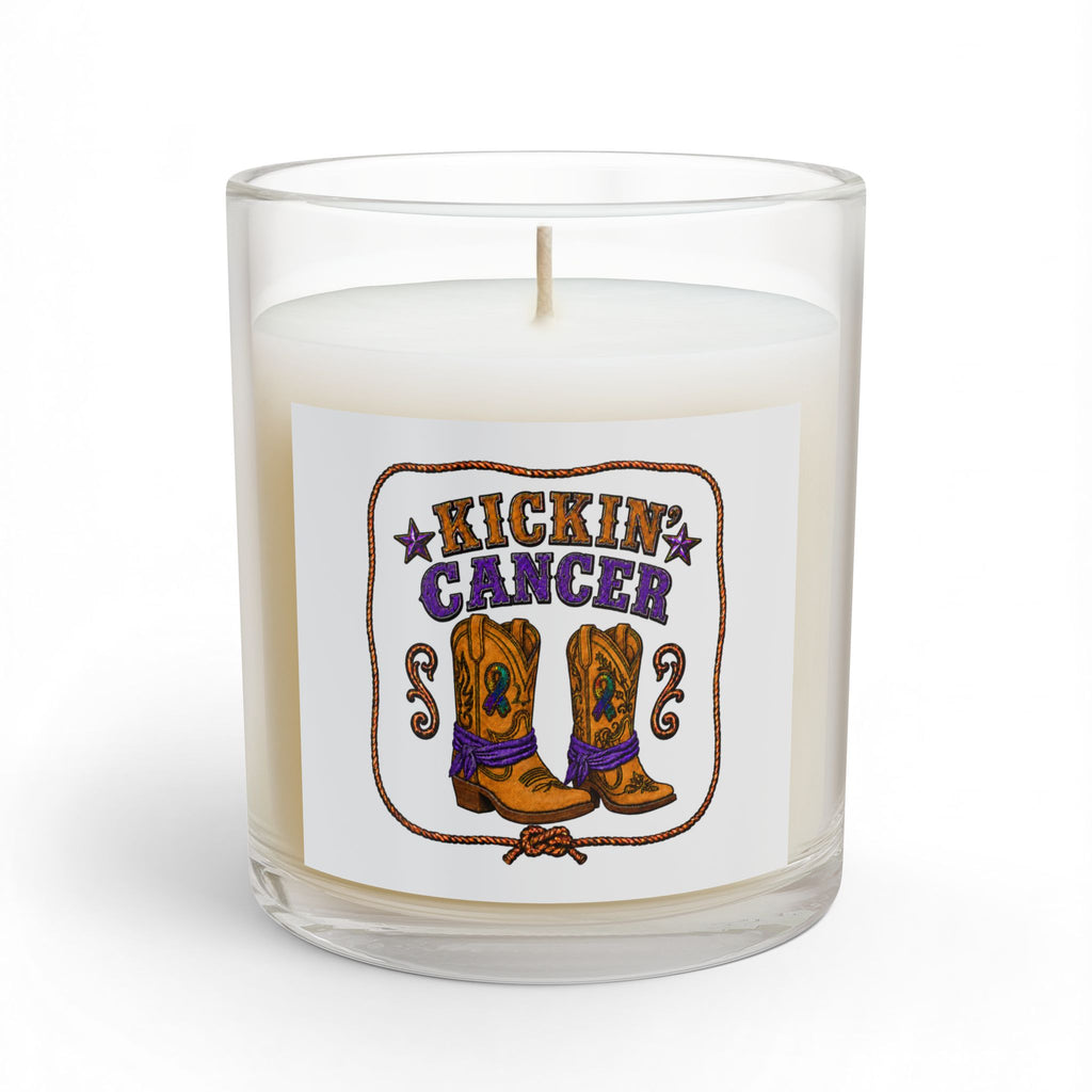 Clear glass Kickin’ Cancer soy candle with western boot artwork on the front label