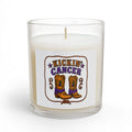 Clear glass Kickin’ Cancer soy candle with western boot artwork on the front label