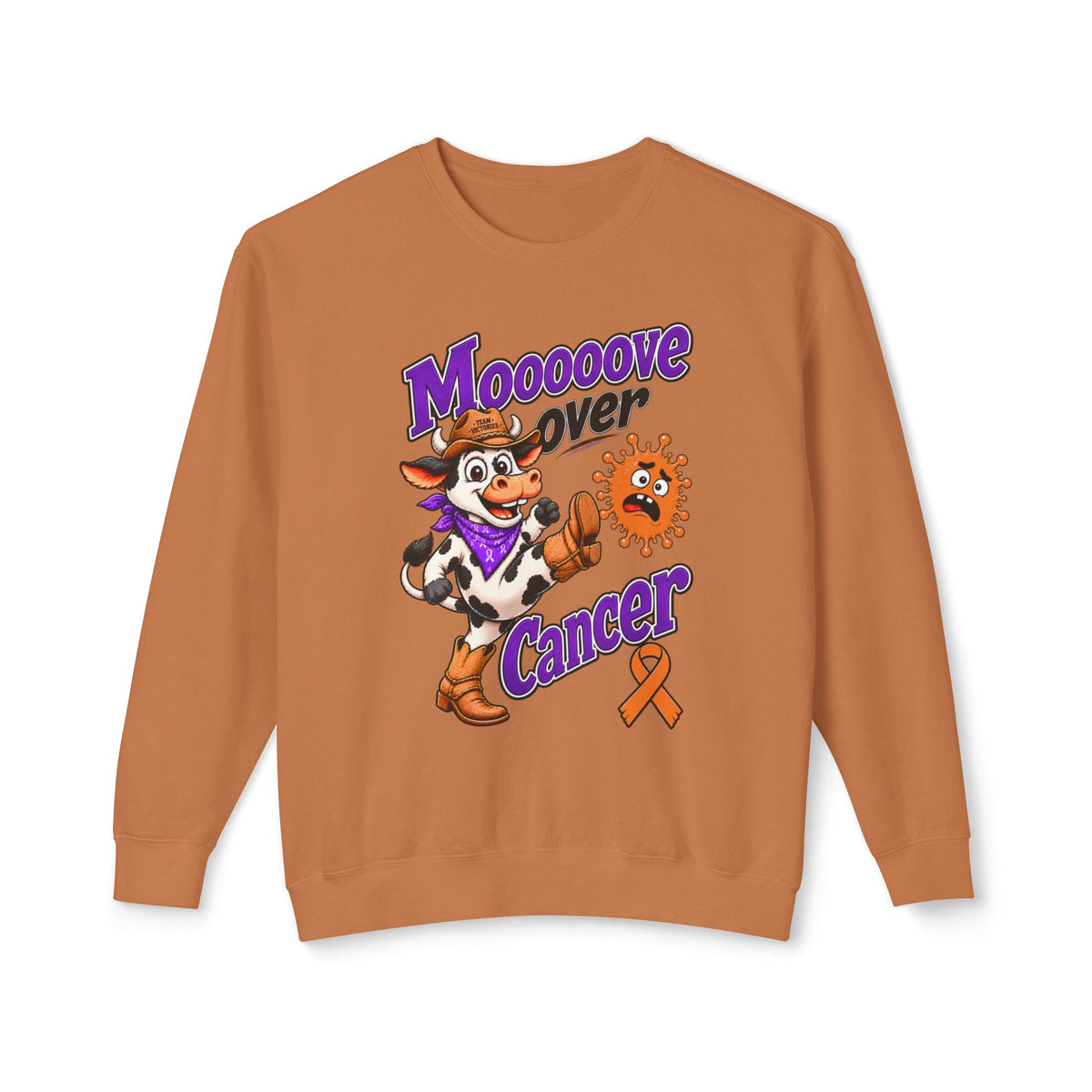 Side view of the Moooove Over Cancer crewneck sweatshirt with long sleeves