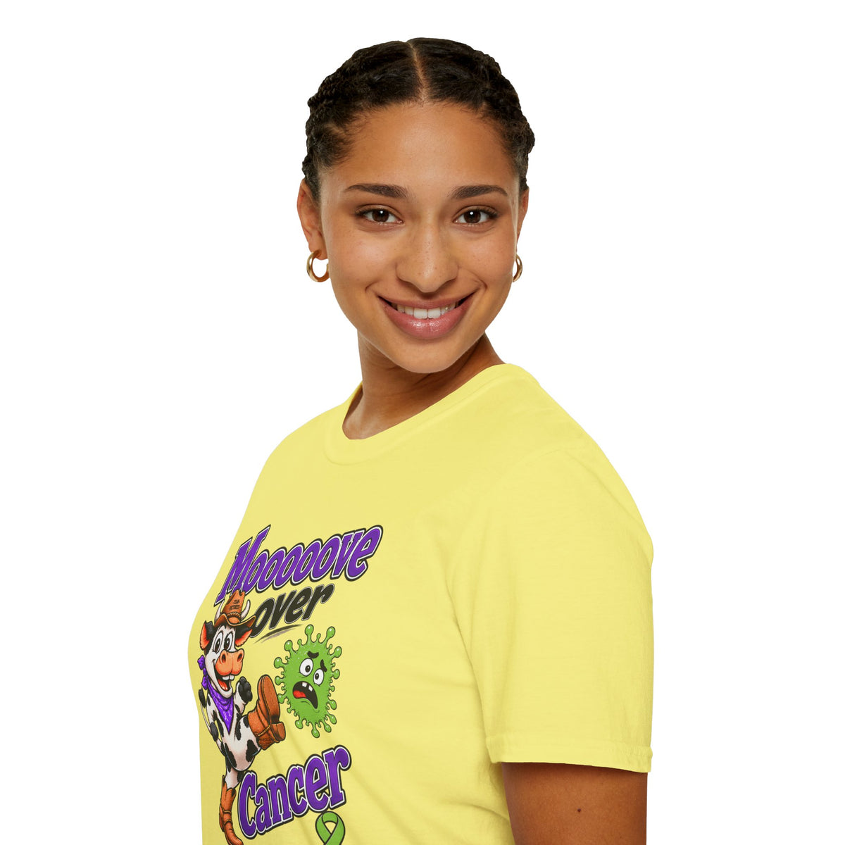Side view of yellow Moooove Over Cancer T-shirt with Western artwork