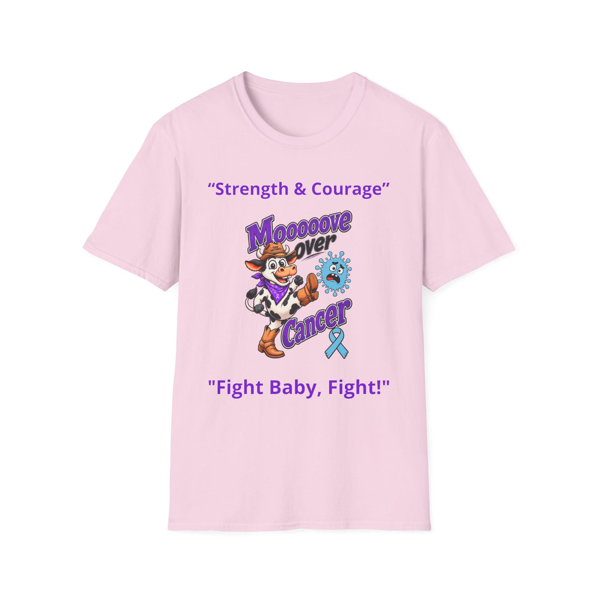 Moooove Over Cancer pink T-shirt with Western character design and Prostate Cancer awareness ribbon