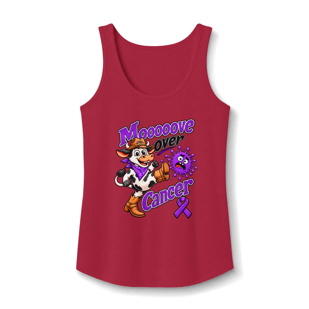 Red Moooove Over Cancer tank top featuring a Pancreatic Cancer awareness ribbon