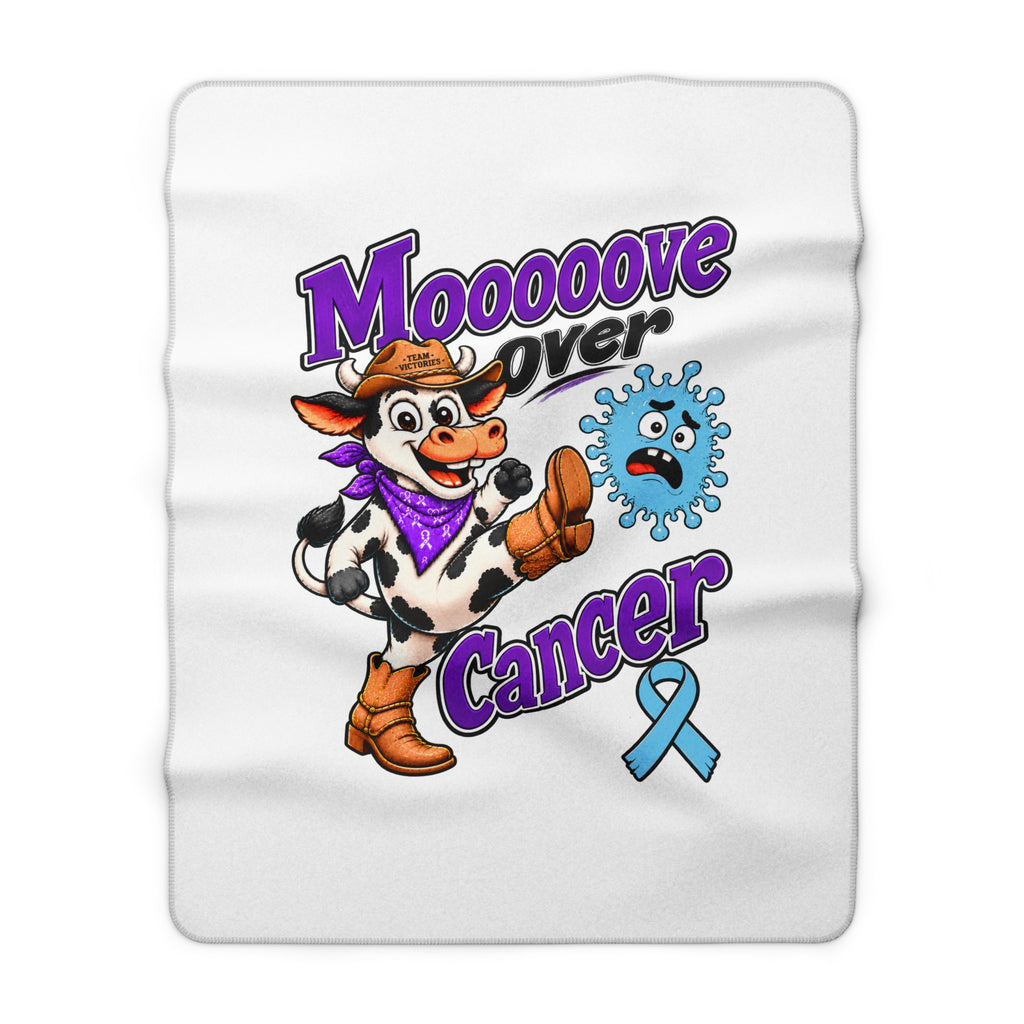 Close view of Moooove Over Cancer design on a Prostate Cancer awareness sherpa blanket