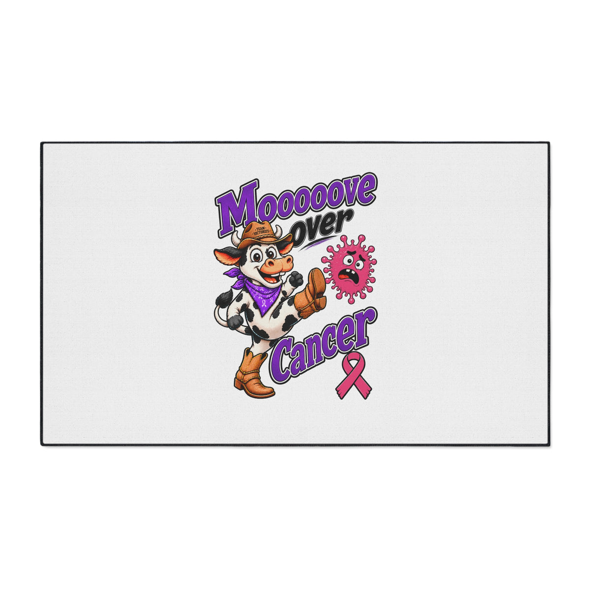 Moooove Over Cancer floor mat shown straight on with cowboy-cow artwork