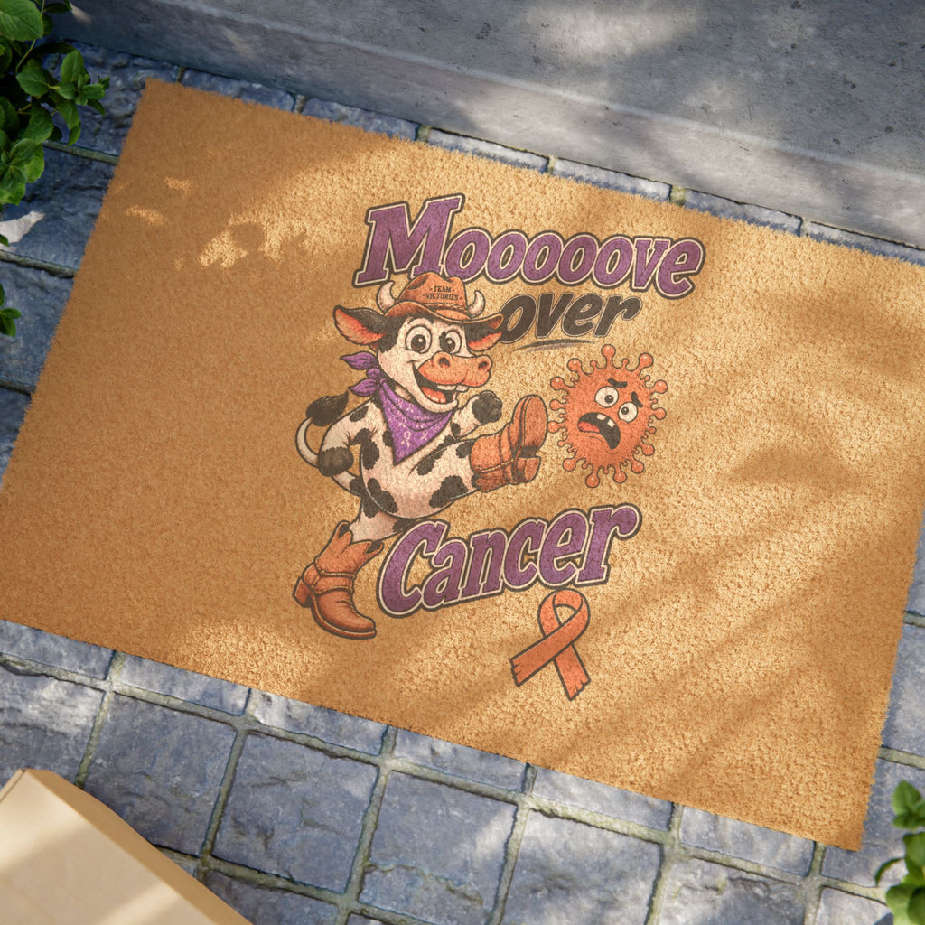 Moooove Over Cancer coir welcome mat displayed outdoors with cow design