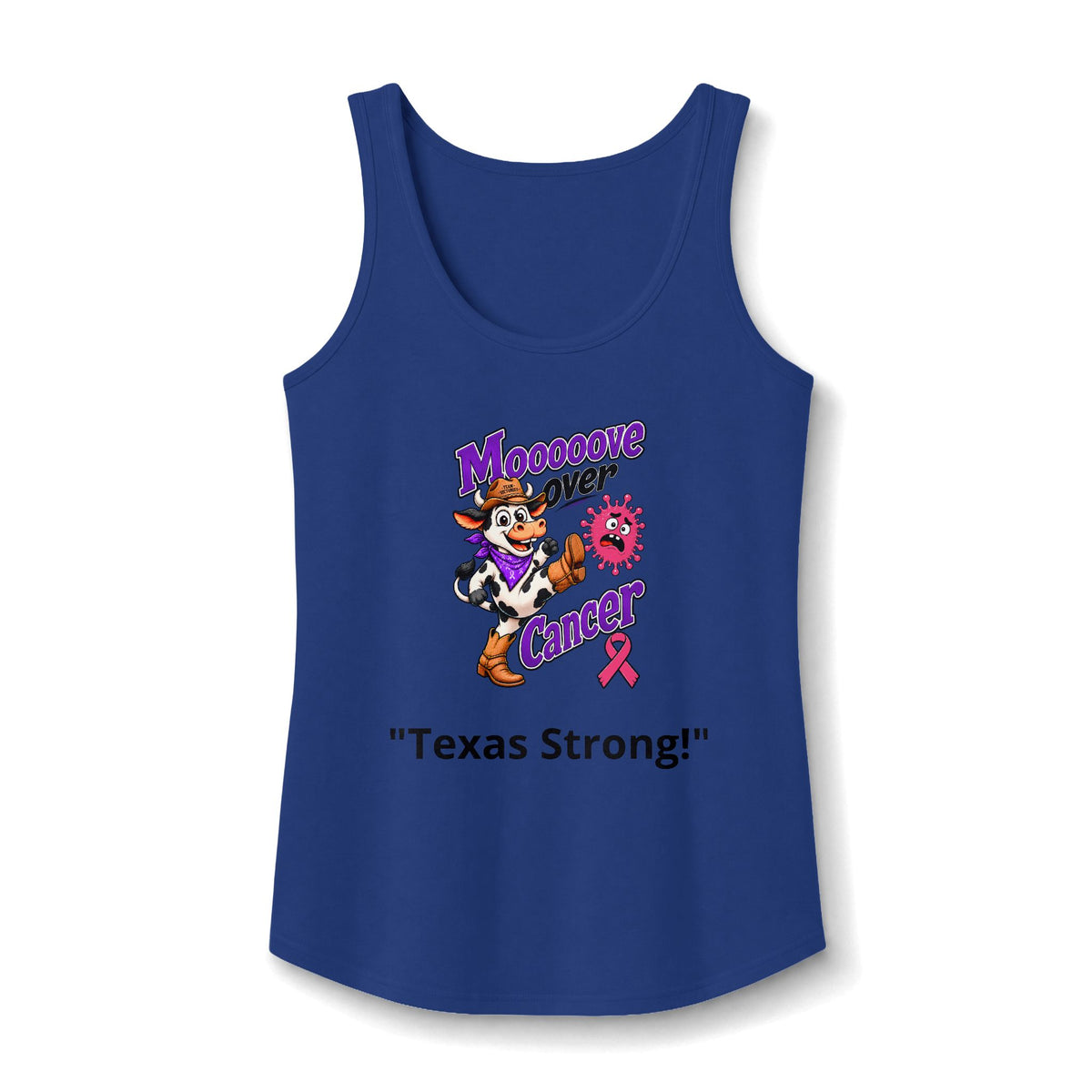 Royal blue Moooove Over Cancer tank top with Texas Strong slogan and pink Breast Cancer awareness ribbon