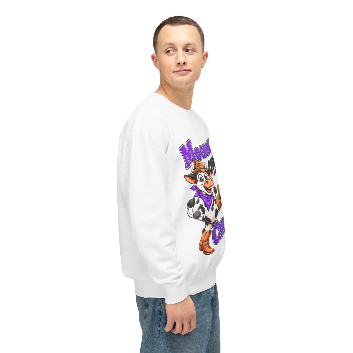 Side view of Moooove Over Cancer sweatshirt with cow artwork and Thyroid Cancer awareness ribbon