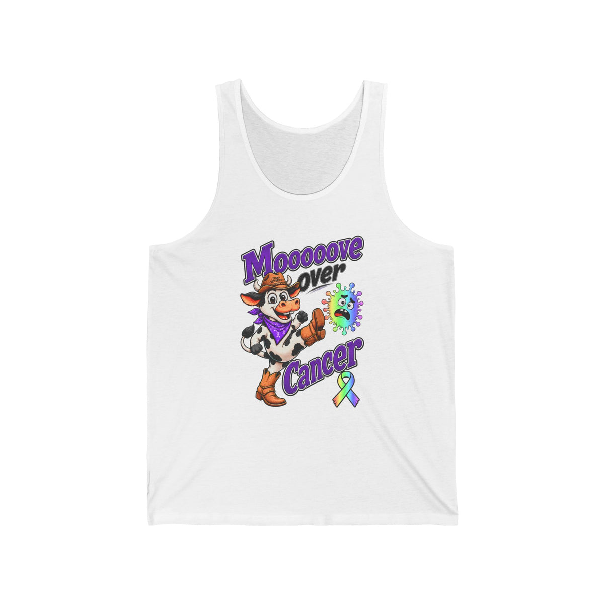 White Moooove Over Cancer tank top with colorful all-cancer awareness ribbon artwork