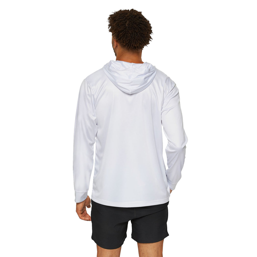 Back view of a white Team Victories customizable warmup hoodie with hood and long sleeves