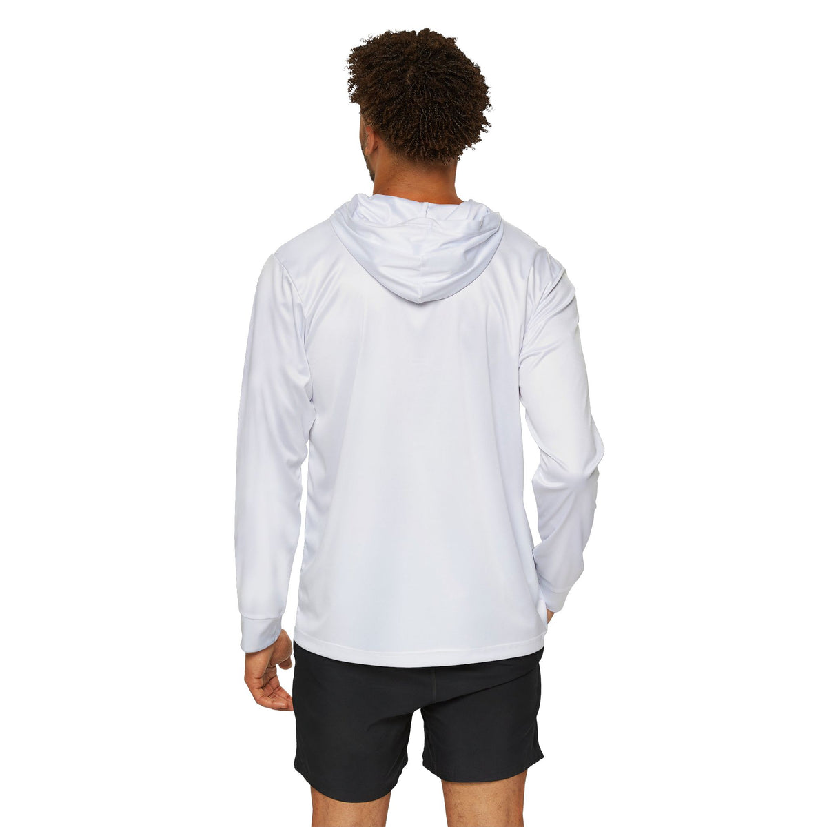 Back view of a white Team Victories customizable warmup hoodie with hood and long sleeves