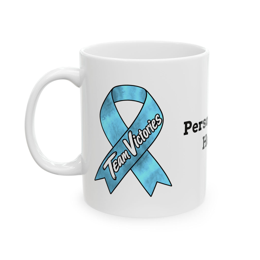 Team Victories side of Moooove Over Cancer mug with Prostate Cancer awareness ribbon