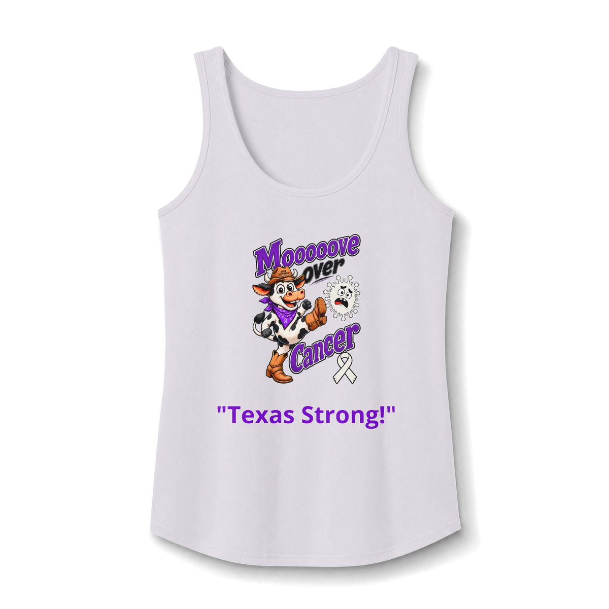 Moooove Over Cancer Texas Strong tank top with Lung Cancer awareness ribbon on light fabric