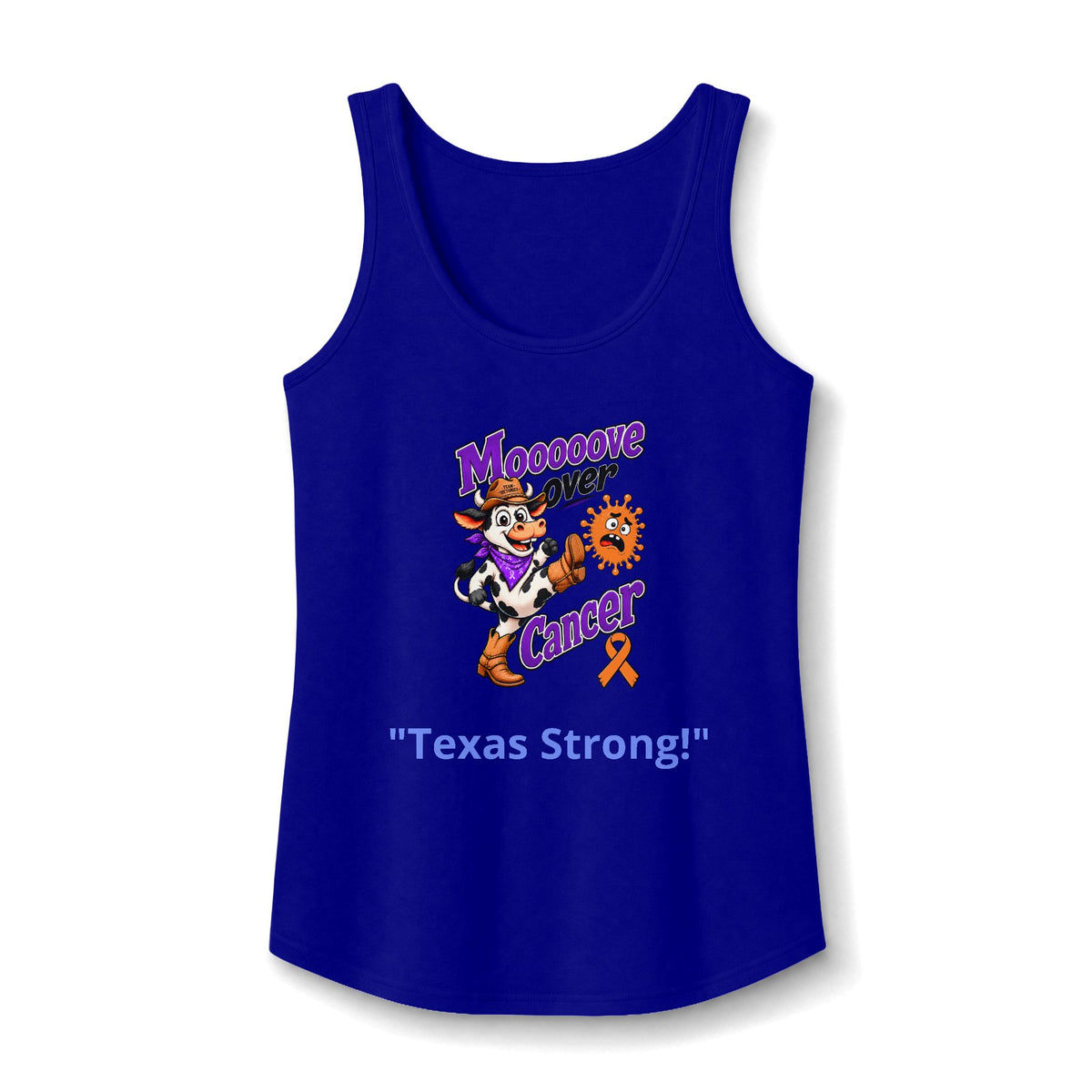 Moooove Over Cancer Texas Strong tank top with Leukemia/Kidney Cancer awareness ribbon, royal blue front