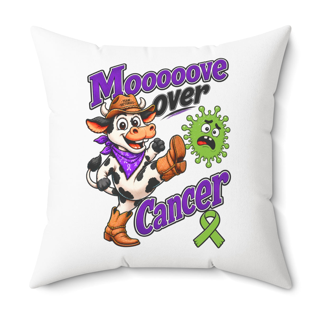 Team Victories Moooove Over Cancer pillow with cow character and Non-Hodgkin/Lymphoma Cancer awareness ribbon
