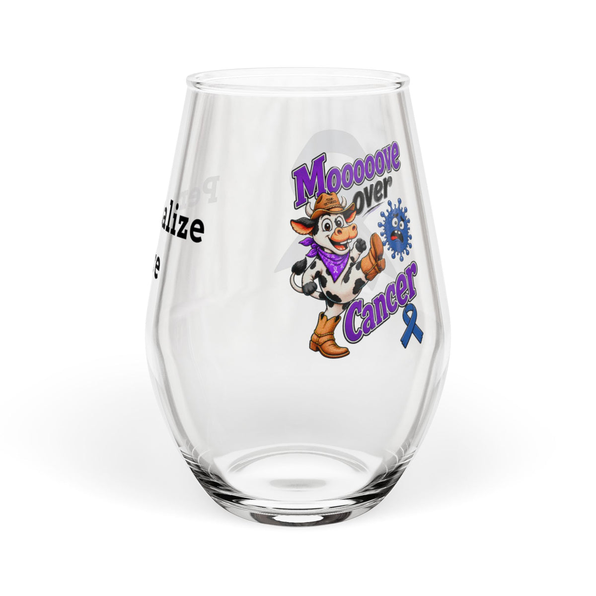 Moooove Over Cancer cow design on a personalized 11.75 oz stemless wine glass