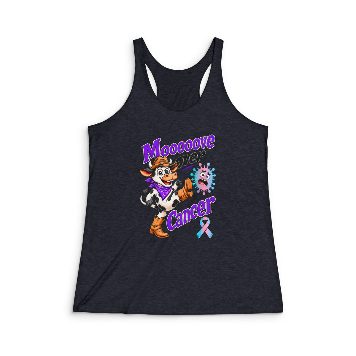 Moooove Over Cancer racerback tank with cow artwork and Thyroid Cancer awareness ribbon in black