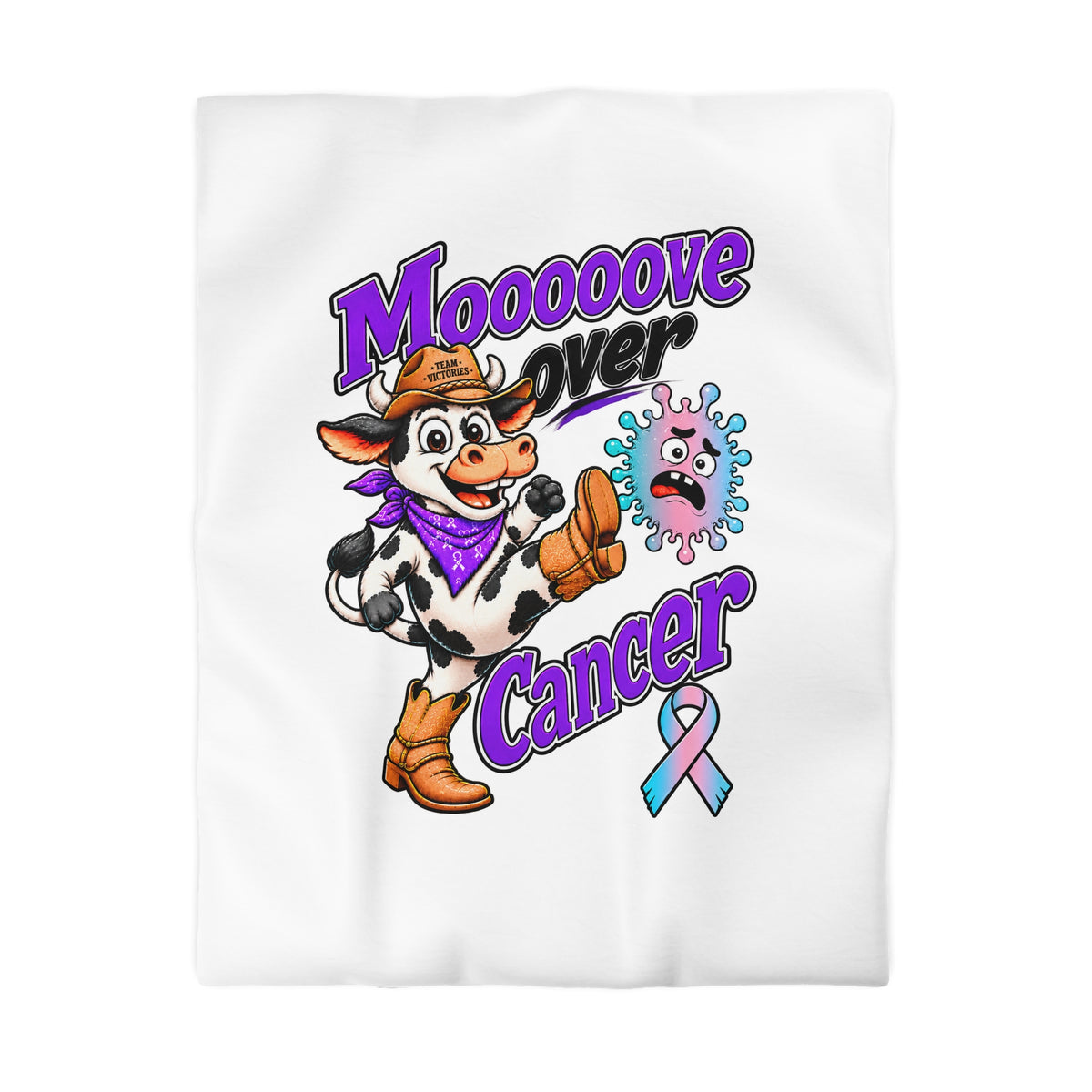 Close view of Moooove Over Cancer cow artwork on a Thyroid Cancer awareness ribbon duvet cover