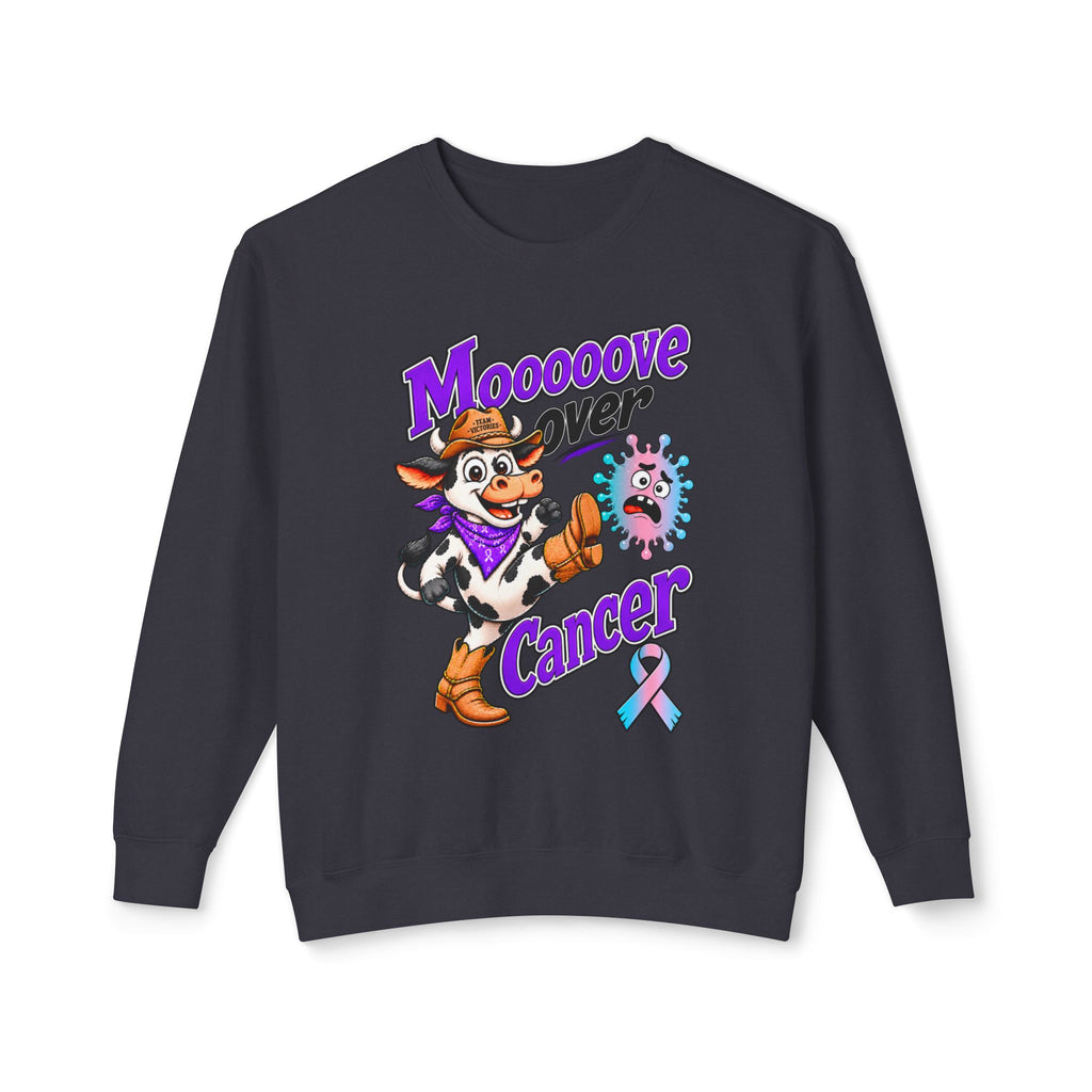 Moooove Over Cancer black sweatshirt with cow artwork and Thyroid Cancer awareness ribbon