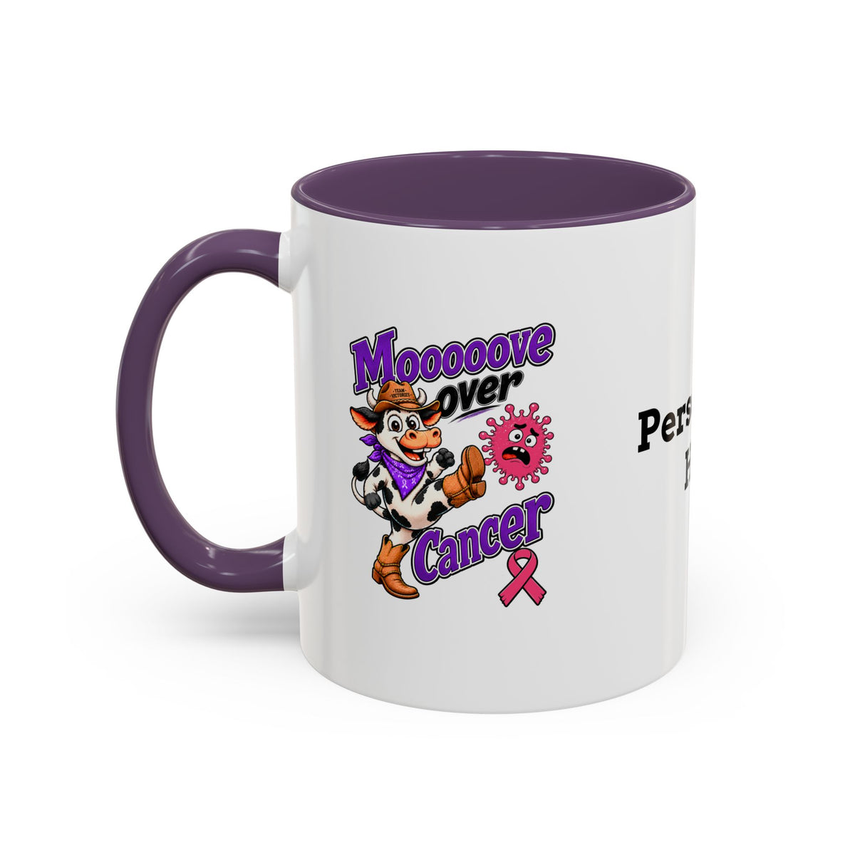 Moooove Over Cancer mug with purple accent and Team Victories Breast Cancer ribbon
