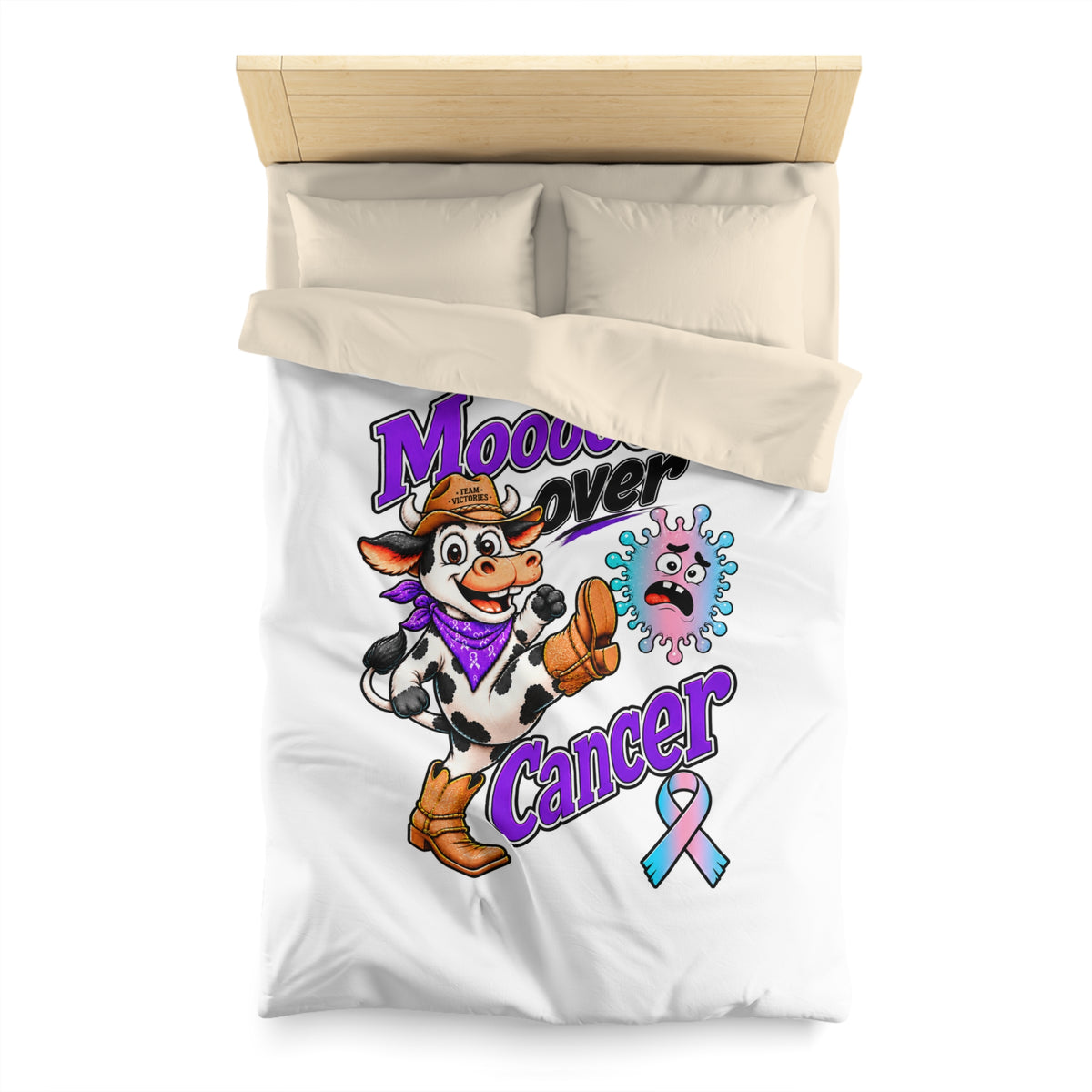 Bedroom mockup featuring Moooove Over Cancer duvet cover and Thyroid Cancer awareness ribbon