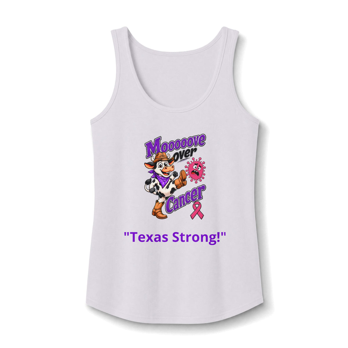 White Moooove Over Cancer tank top with Texas Strong slogan and pink Breast Cancer awareness ribbon