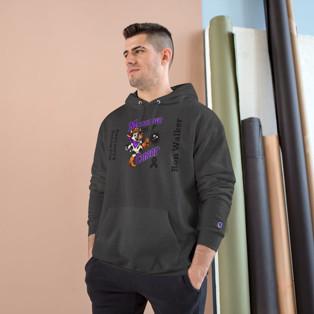 Model wearing black Moooove Over Cancer personalized black ribbon hoodie