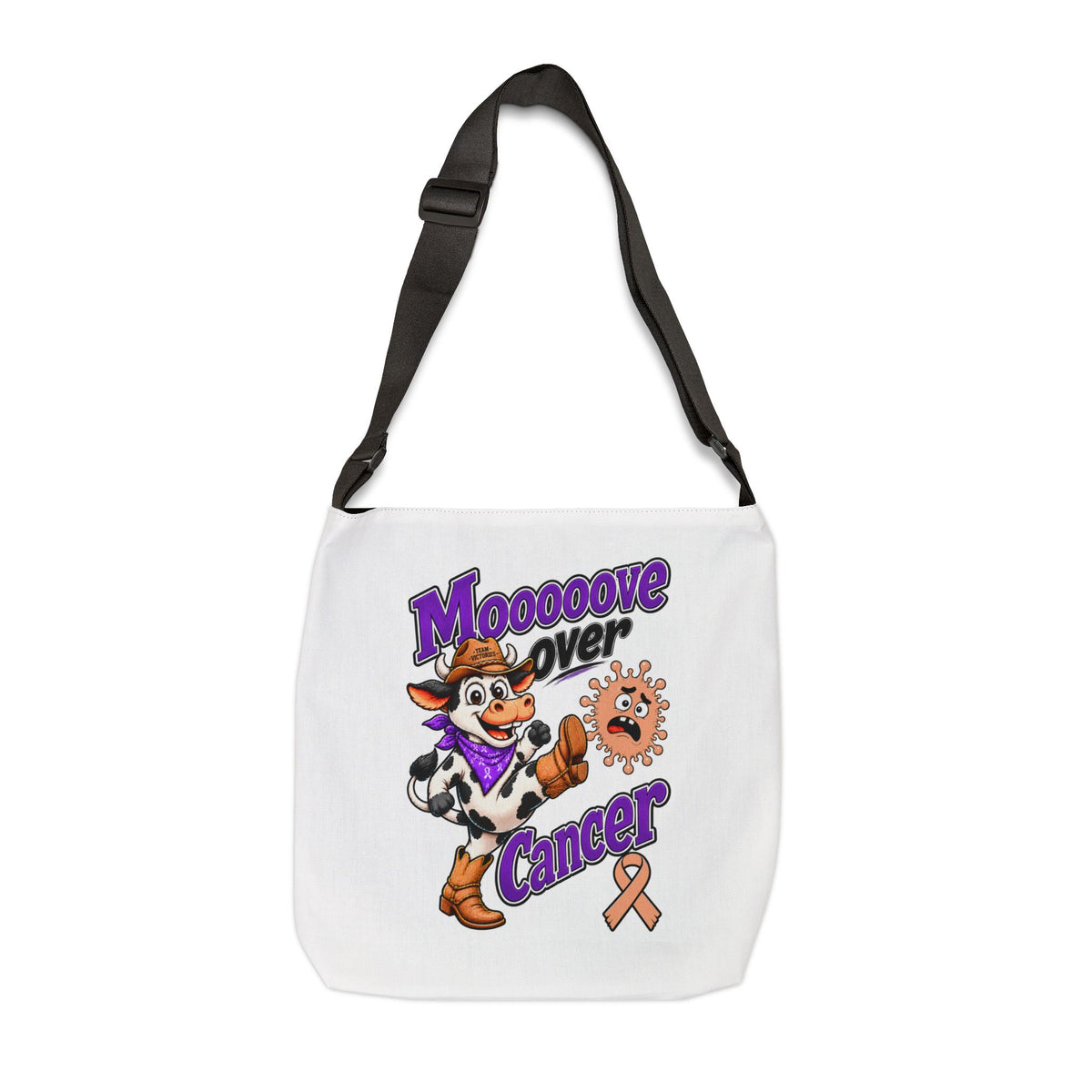 Moooove Over Cancer shoulder tote with cow artwork, orange ribbon, and adjustable black strap