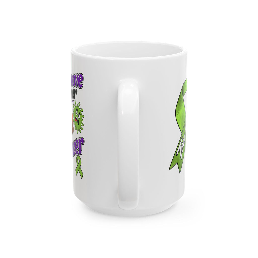 Moooove Over Cancer mug handle and side view with Team Victories ribbon design