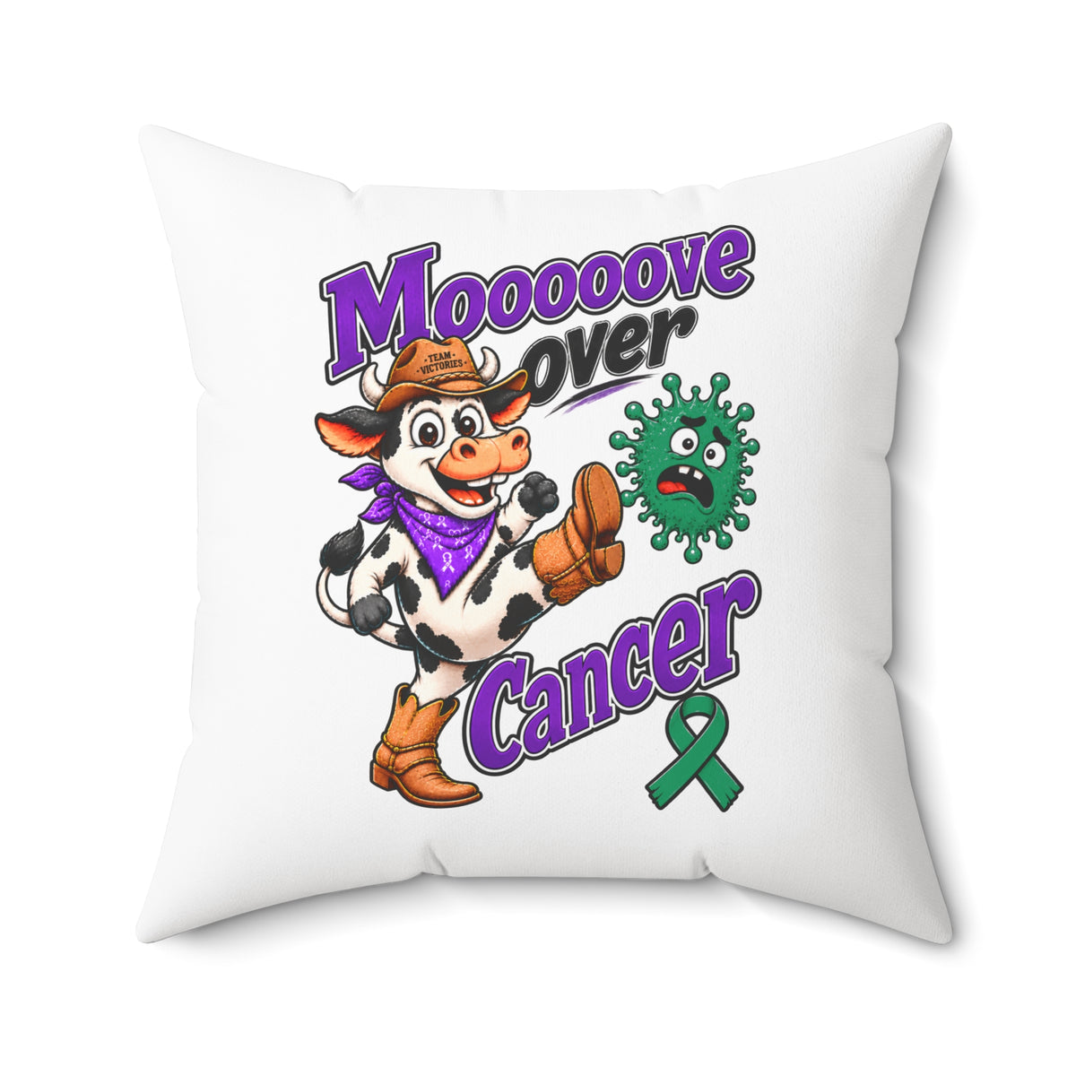 Moooove Over Cancer design on a square pillow with cow, boots, and Liver Cancer awareness ribbon
