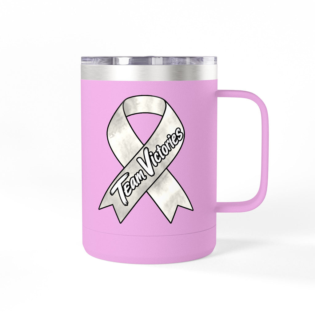 Pink Team Victories mug displaying a Lung Cancer awareness ribbon design