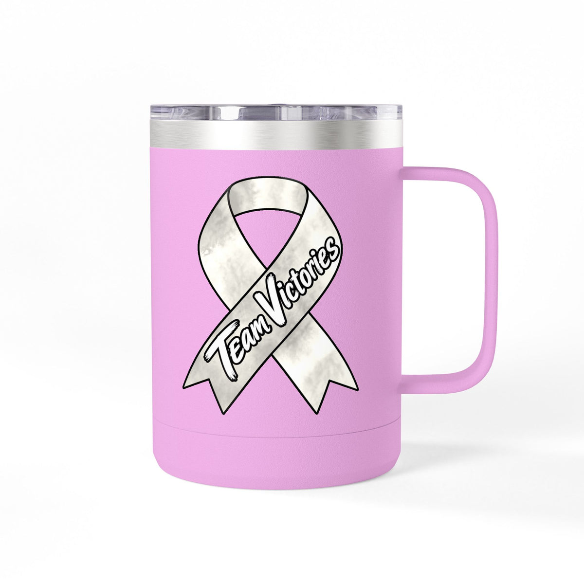 Pink Team Victories mug displaying a Lung Cancer awareness ribbon design