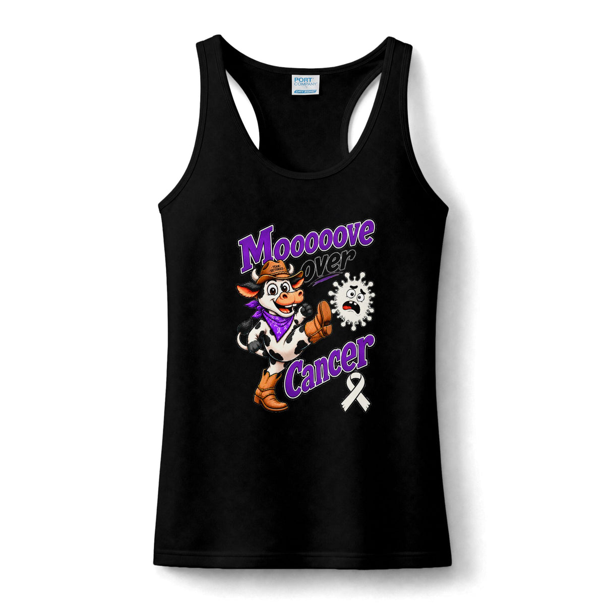 Black Moooove Over Cancer women's performance tank top with a white Lung Cancer awareness ribbon