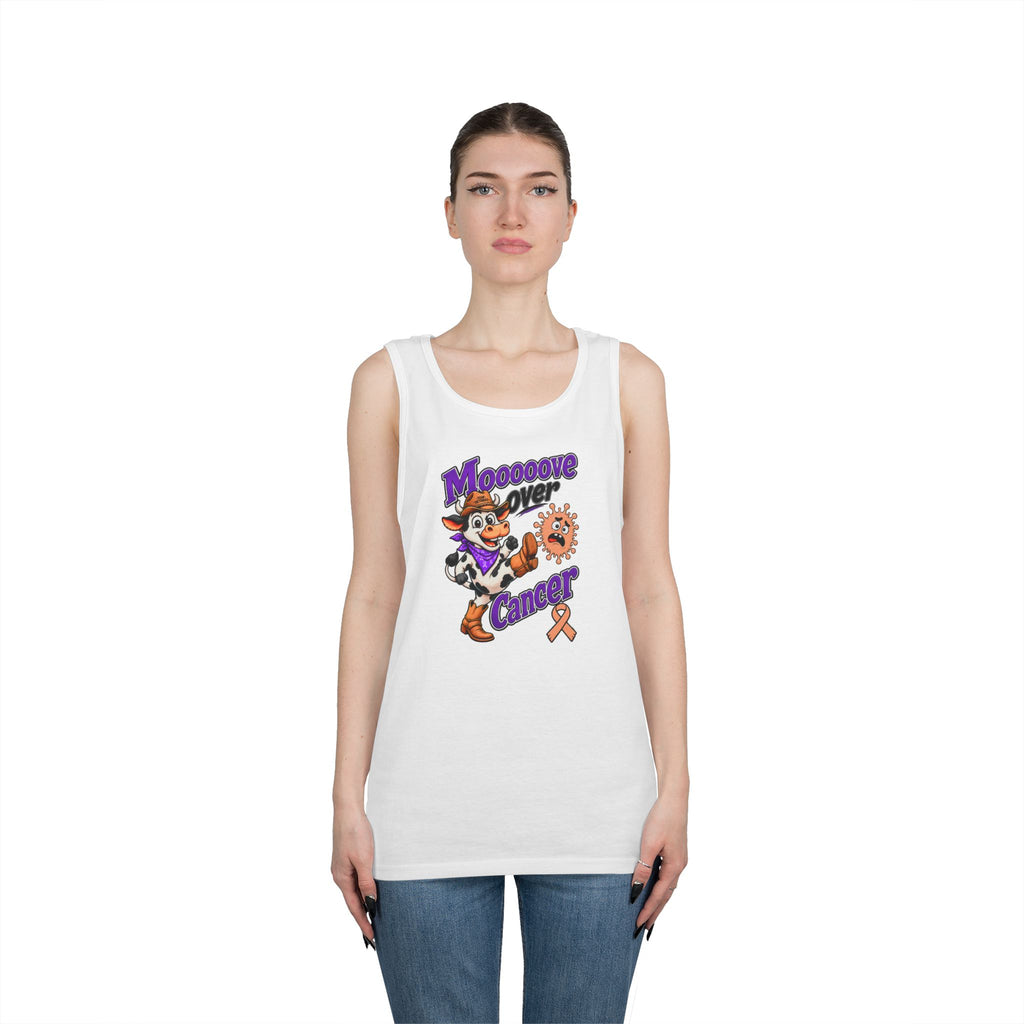 Woman modeling a white Moooove Over Cancer tank top with Uterine Cancer awareness ribbon