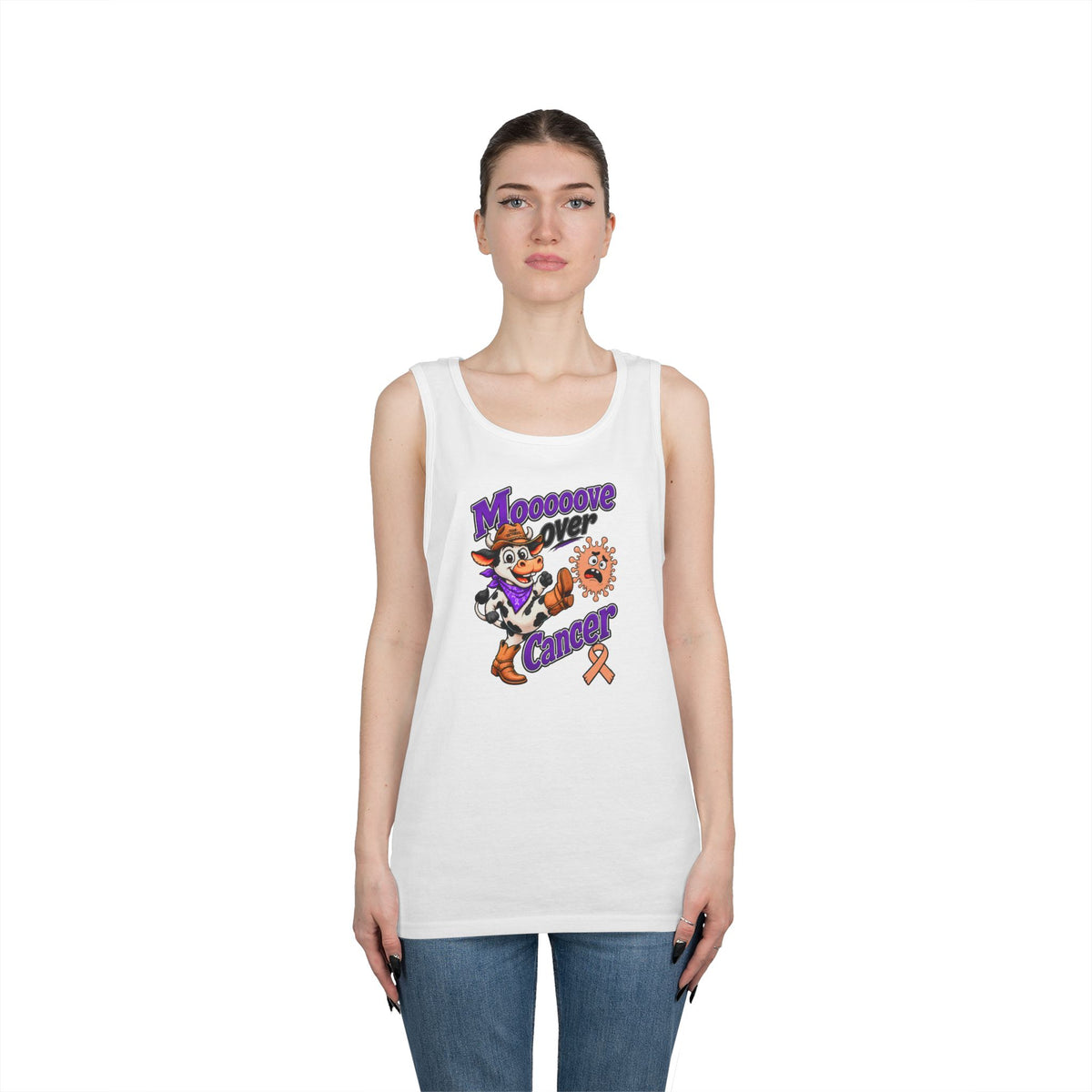 Woman modeling a white Moooove Over Cancer tank top with Uterine Cancer awareness ribbon