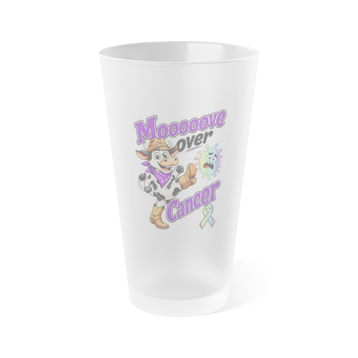 Moooove Over Cancer cow artwork and awareness ribbon on a frosted 16 oz pint glass