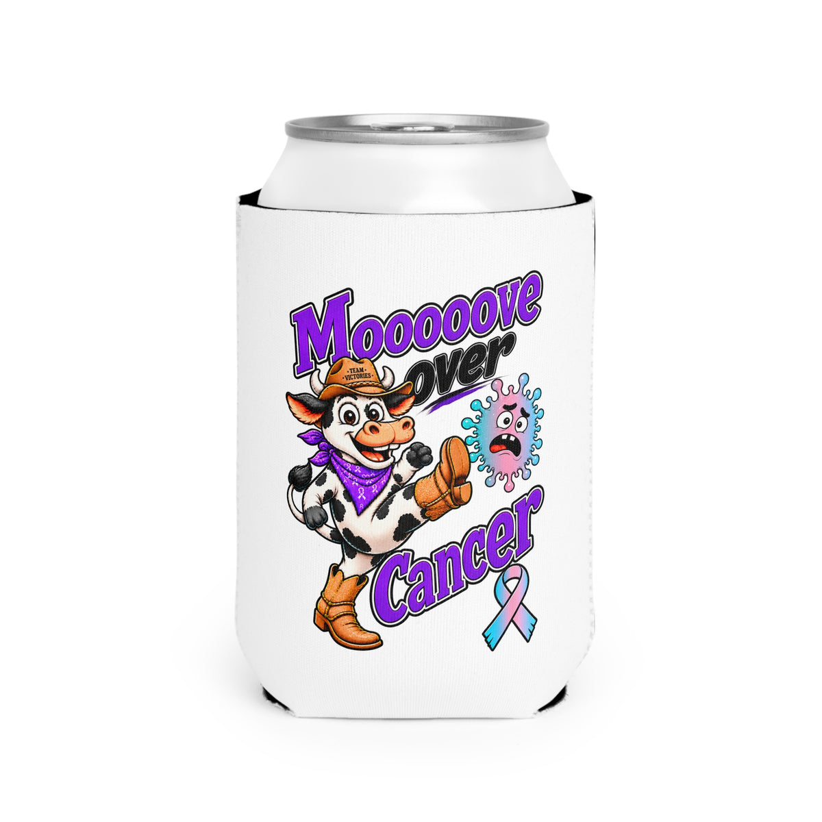Moooove Over Cancer can cooler sleeve fitted on a standard can