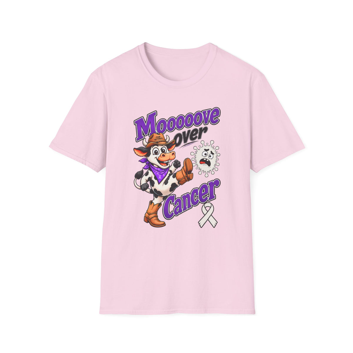 Pink Moooove Over Cancer T-shirt with Western cow artwork and Lung Cancer awareness ribbon