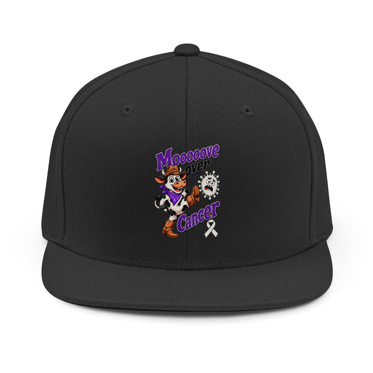 Black Moooove Over Cancer snapback hat featuring embroidered cancer awareness artwork