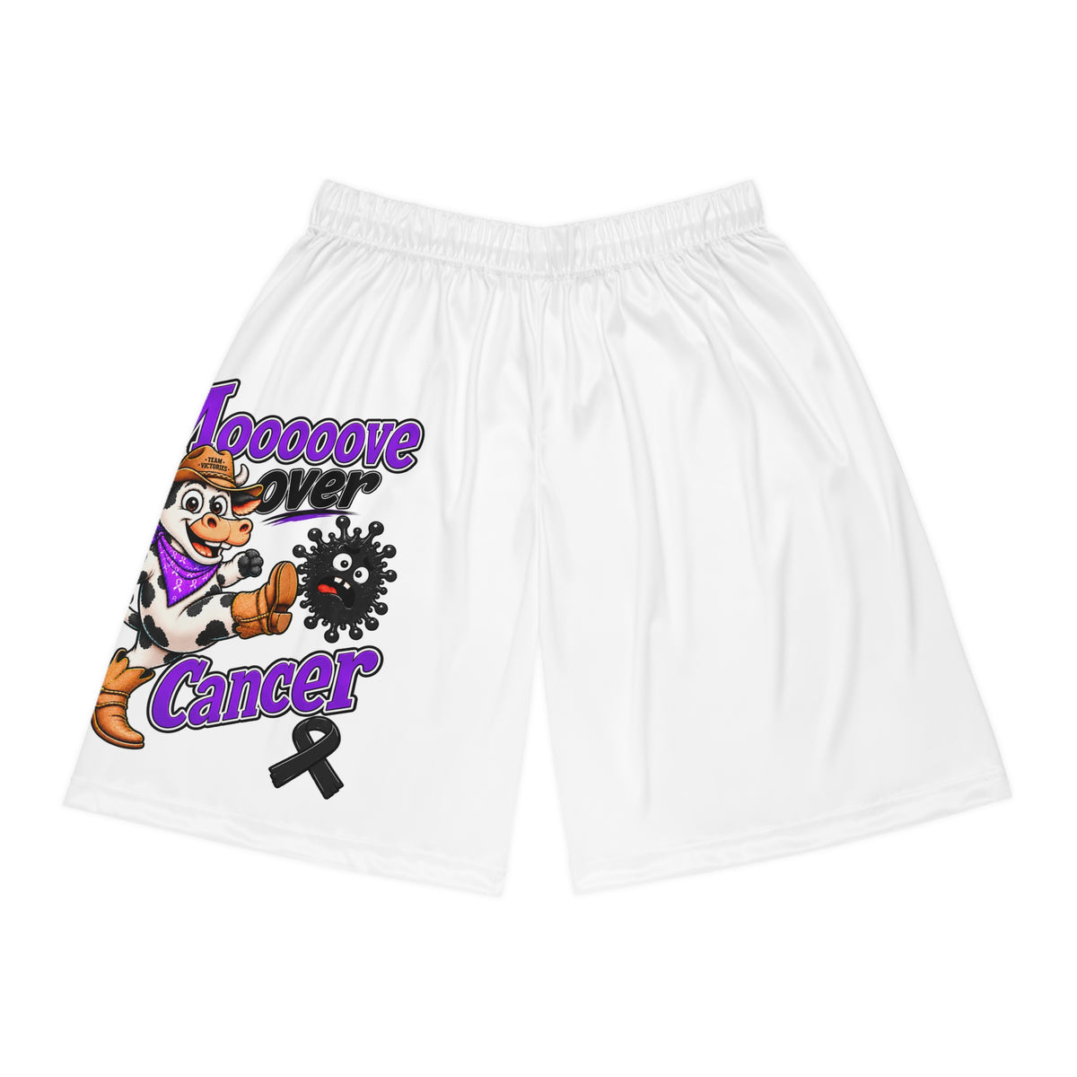 Front view of white Moooove Over Cancer basketball shorts with colorful cow artwork and black ribbon